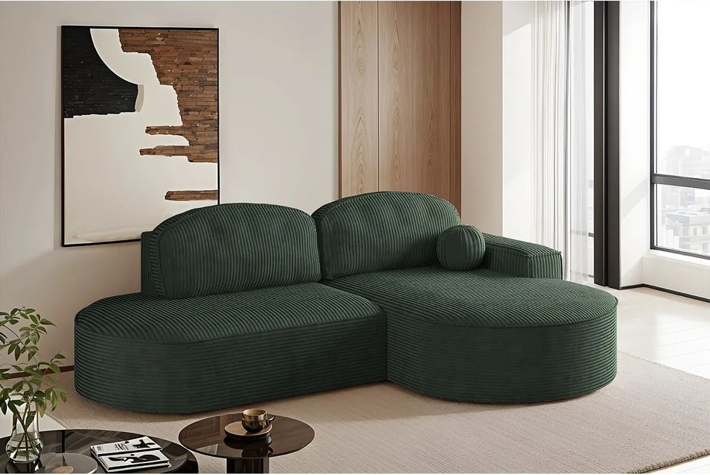 Narożnik z funkcją spania i pojemnikiem Modena Runden, tkanina Poso, Zielony, Prawy