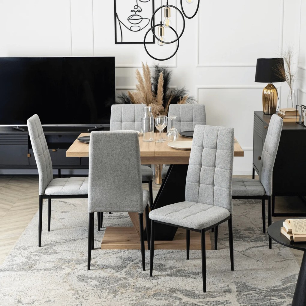 Zestaw Stół Prostokątny Rozkładany CLARK 120-160 cm Dąb Artisan/Czarny i 6 Krzeseł Tapicerowanych TEX Szarych