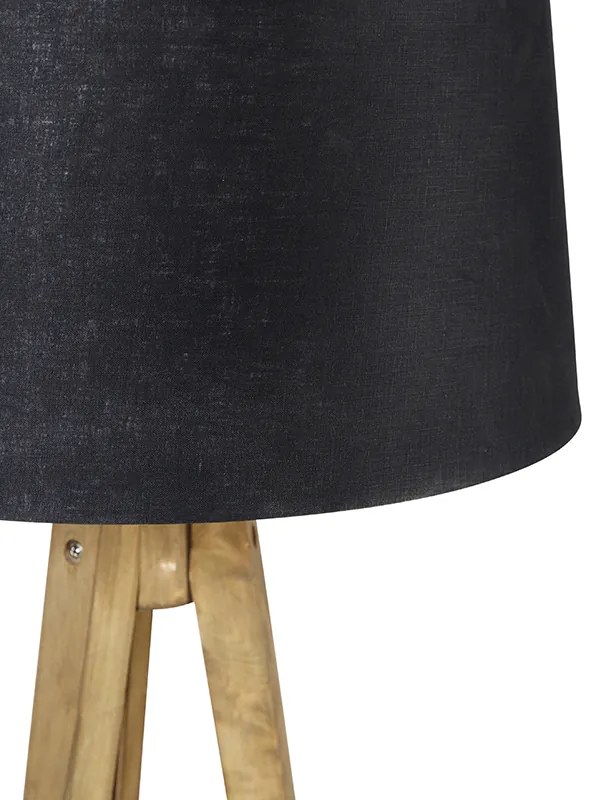 Rustykalna lampa stojąca na trójnogu z vintage'owym drewnem i abażurem z lnu w kolorze czarnym 45 cm - Tripod Classic Rustykalny / Vintage Oswietlenie wewnetrzne