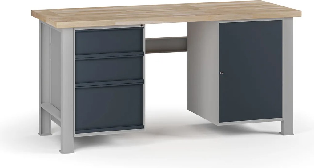 Stół warsztatowy G7, blat bukowy, 1700 x 685 x 840 mm, 1x szafka, 3x szuflada, grafitowy