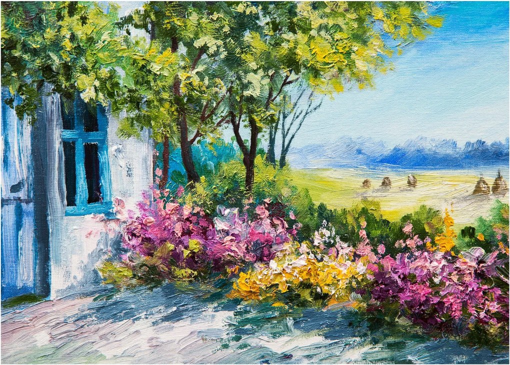 Obraz na szkle ogrodu przed domem, obraz olejny (70x50 cm)