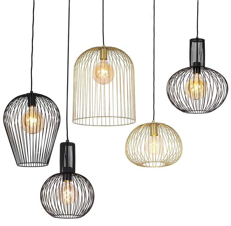 Zestaw 5 designerskich lamp wiszących czarnych i złotych - WiresDesignerski Oswietlenie wewnetrzne