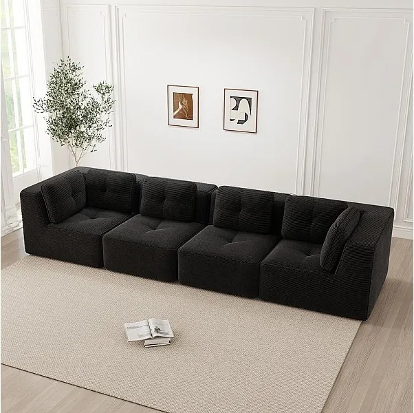 Canapé 4 places modulable, avec 6 coussins, en velours côtelé, 386x104x69cm, Noir