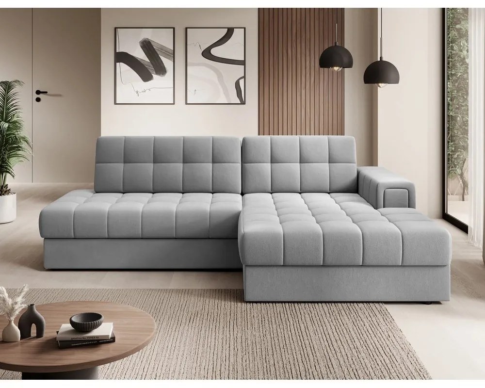 Szary aksamitny rozkładany narożnik (prawostronny/z szezlongiem) Blezalt – ELTAP