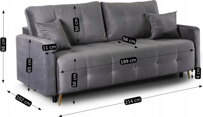 Sofa z Funkcją Spania SEUL Rozkładana Dwuosobowa Welurowa Szara Nowoczesna do Salonu