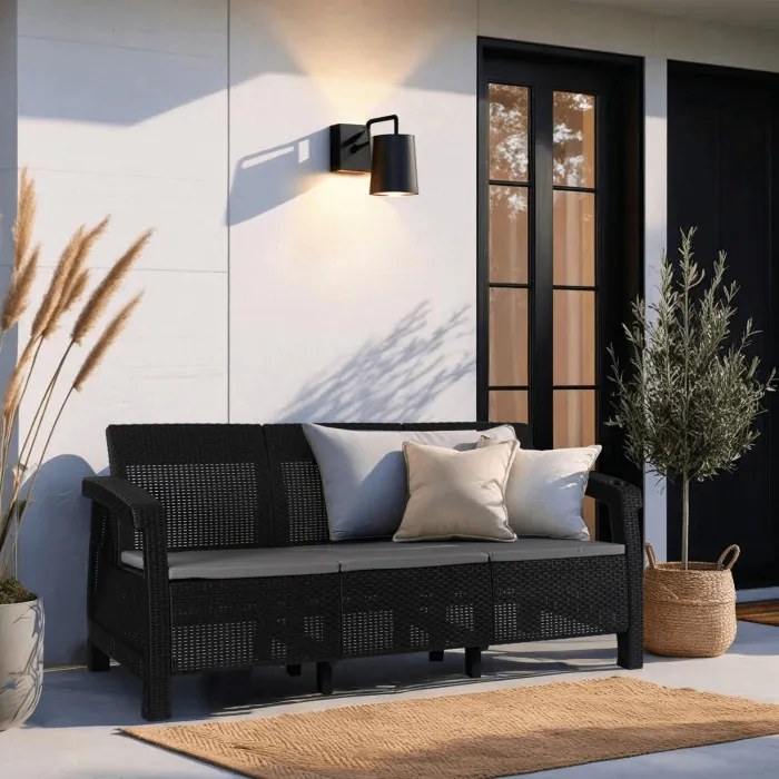 Sofa Ogrodowa FLINT Technorattan Czarna Trzyosobowa