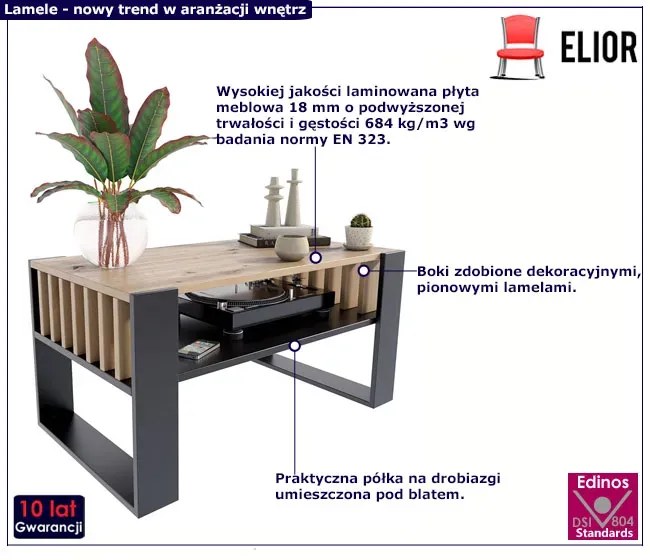 Nowoczesny stolik kawowy z lamelami czarny + dąb artisan - Enya 4X