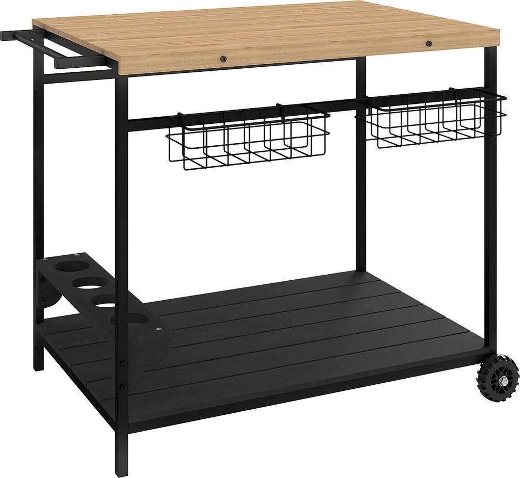 Outsunny Wózek serwisowy, wózek kuchenny, 2 poziomy, 4 uchwyty na butelki, Wewnątrz/na zewnątrz, Sosna/Czarny