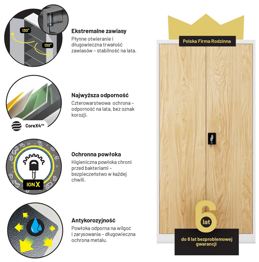 Biurowa szafa metalowa JAN, 900 x 1850 x 400 mm, Eco Design: biała/ dąb sonoma