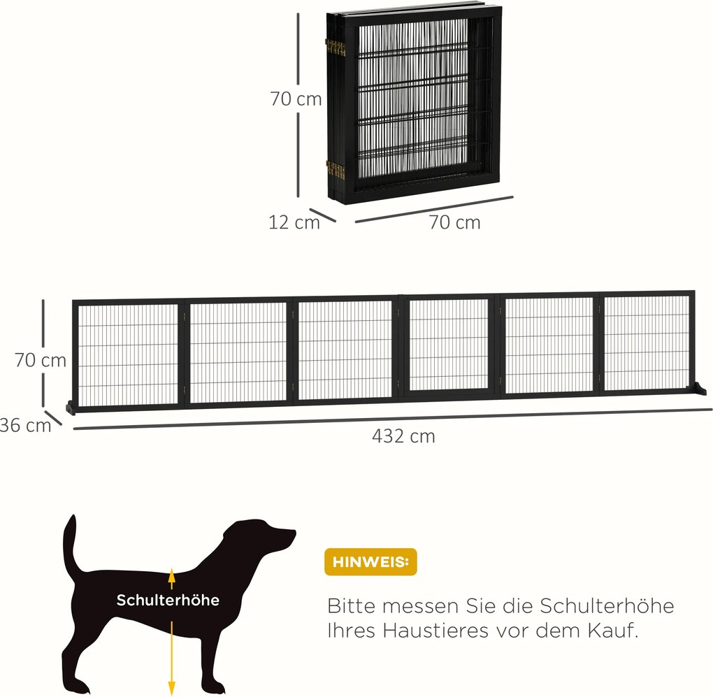 PawHut Barierka Ochronna dla Psów Składana z Drewna Sosnowego i Metalu Czarna 432x36x70cm | Aosom PL