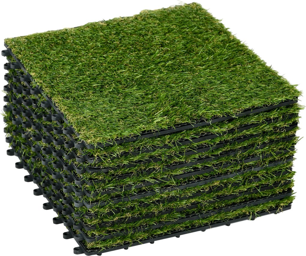 Outsunny Rolka Sztuczna Trawa 10 Sztuk Maty Trawnikowe Dywanik Rolny Sztuczny Trawnik na Balkon Ogród 25 mm Plastik Ciemnozielony 30 x 30 cm