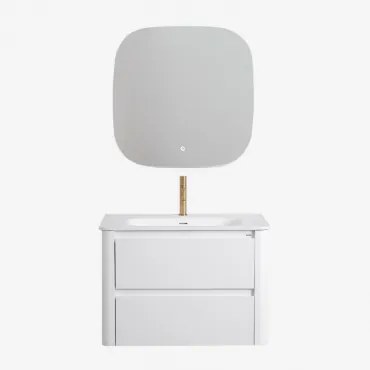 Zestaw Mebli Łazienkowych Z Drewna Z Wbudowaną Umywalką Egerton Biała & Kwadratowa Lampa Led I Przeciwmgielna 75x75 - Sklum