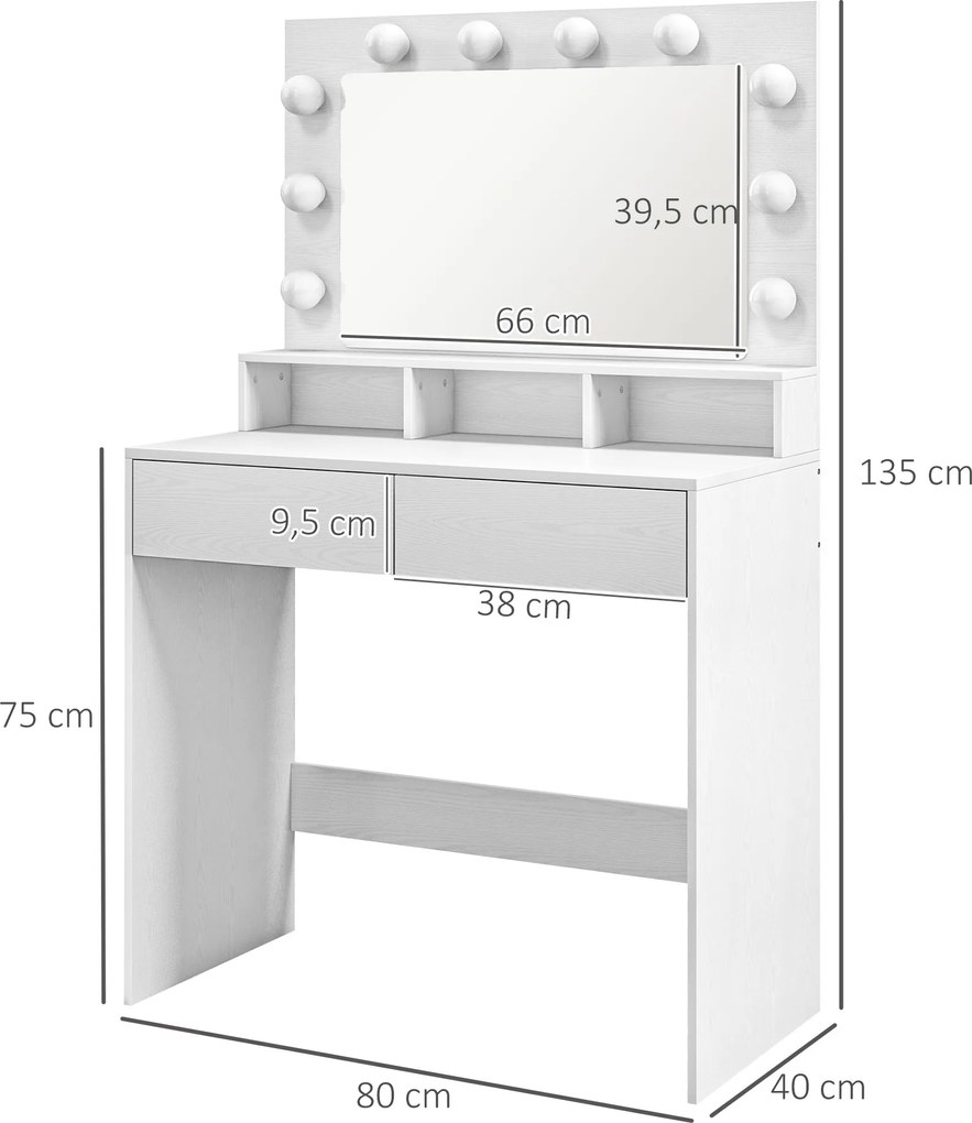 HOMCOM Toaletka z oświetlonym lustrem, szufladami, 3 opcje światła, 10 żarówek, nowoczesna toaletka w kolorze białym