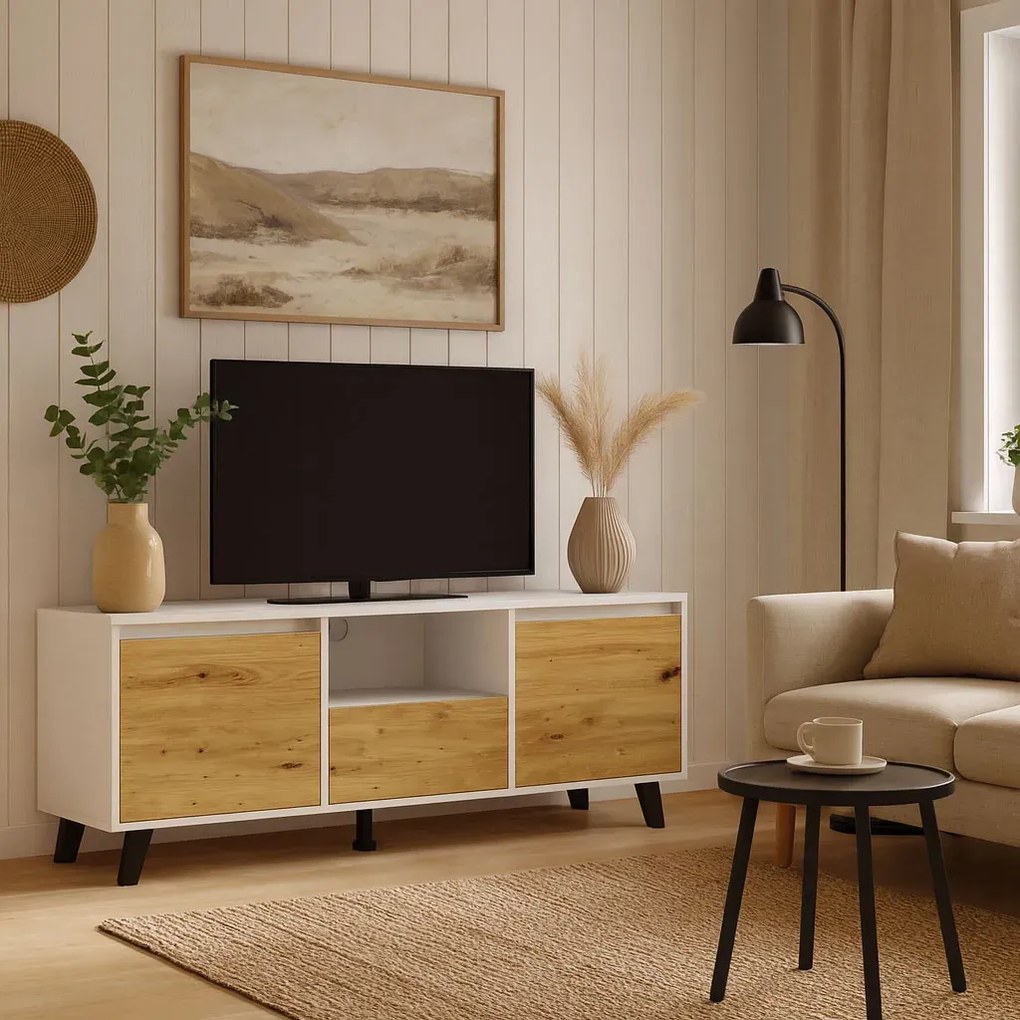 Szafka RTV w stylu skandynawskim biały + dąb artisan K0-F92