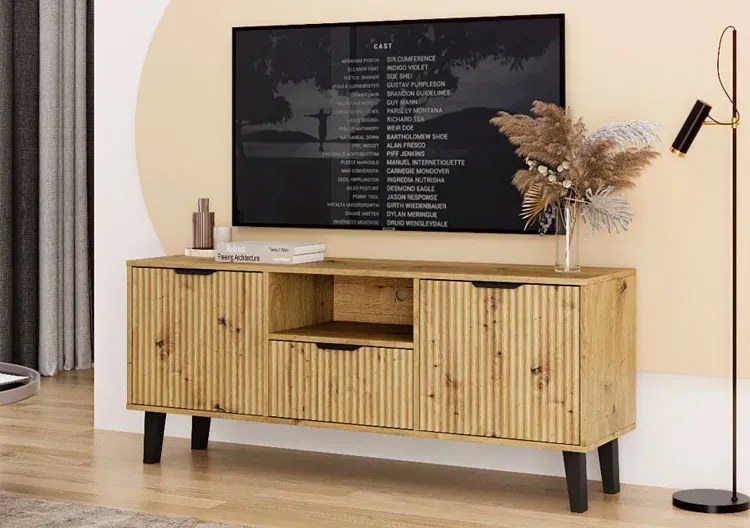 Szafka pod telewizor ryflowana na nóżkach dąb artisan H2-H73