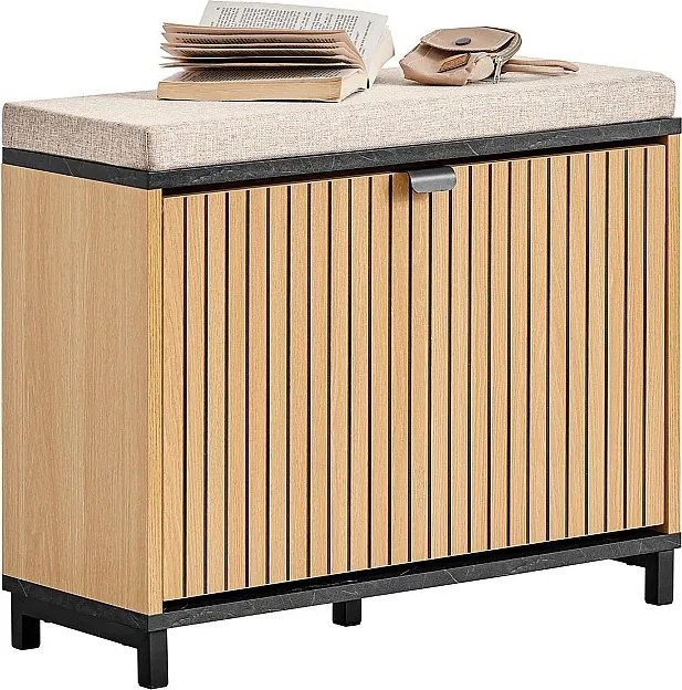 SoBuy Szafka na buty Ławka do przechowywania Smukła oszczędzająca miejsce z tapicerowanym siedziskiem Drewno efekt czarnego marmuru 60x24x50cm