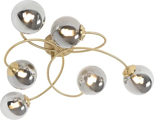 Plafon art deco złoty 6-źródeł światła z przydymionym szkłem - Athens