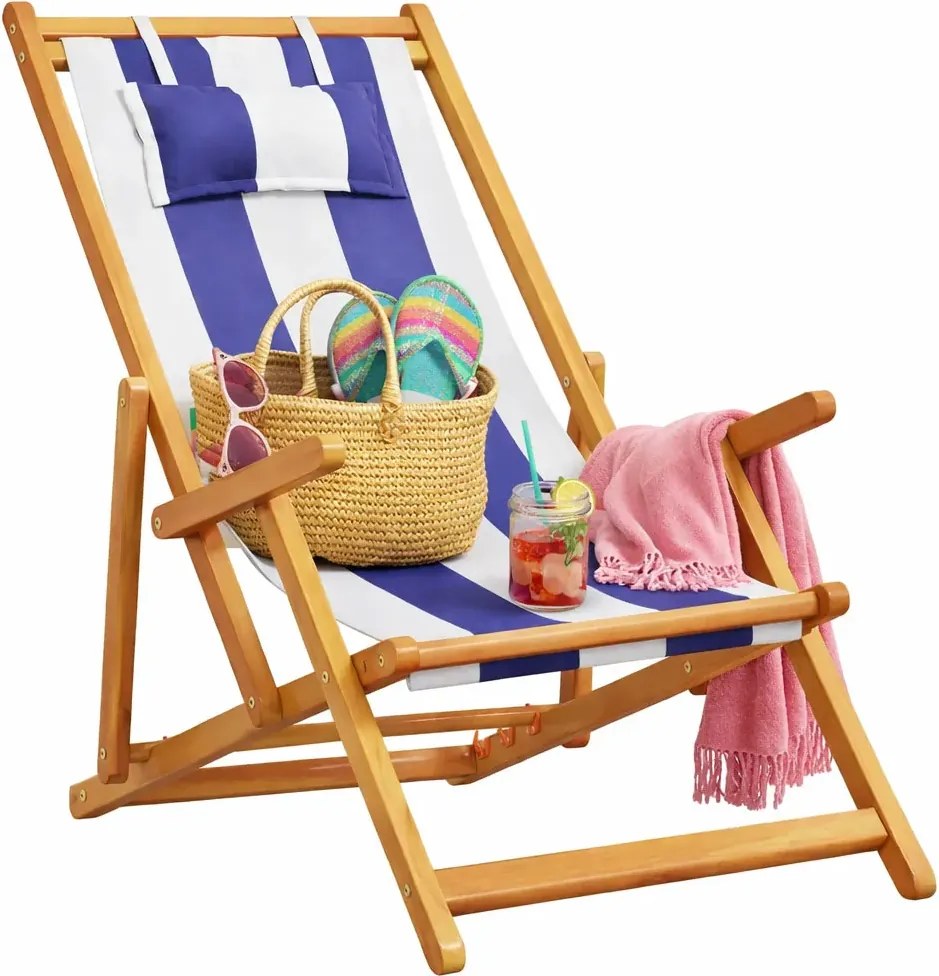 Leżak plażowy z poduszką w biało-niebieskie paski L1-M71