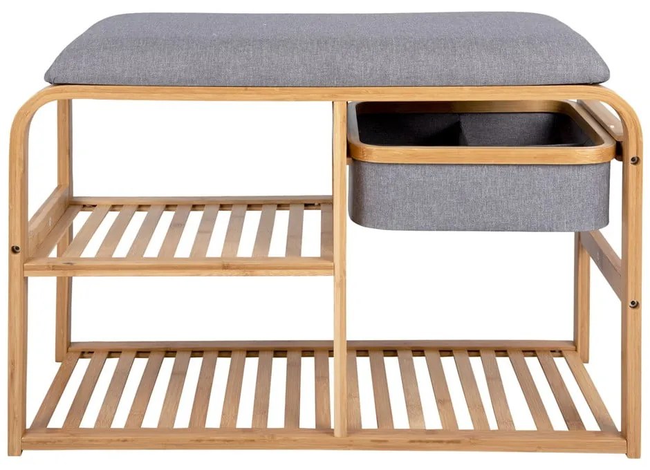 Bambusowy regał na buty z szarym siedziskiem Leitmotiv Bench, szer. 70 cm