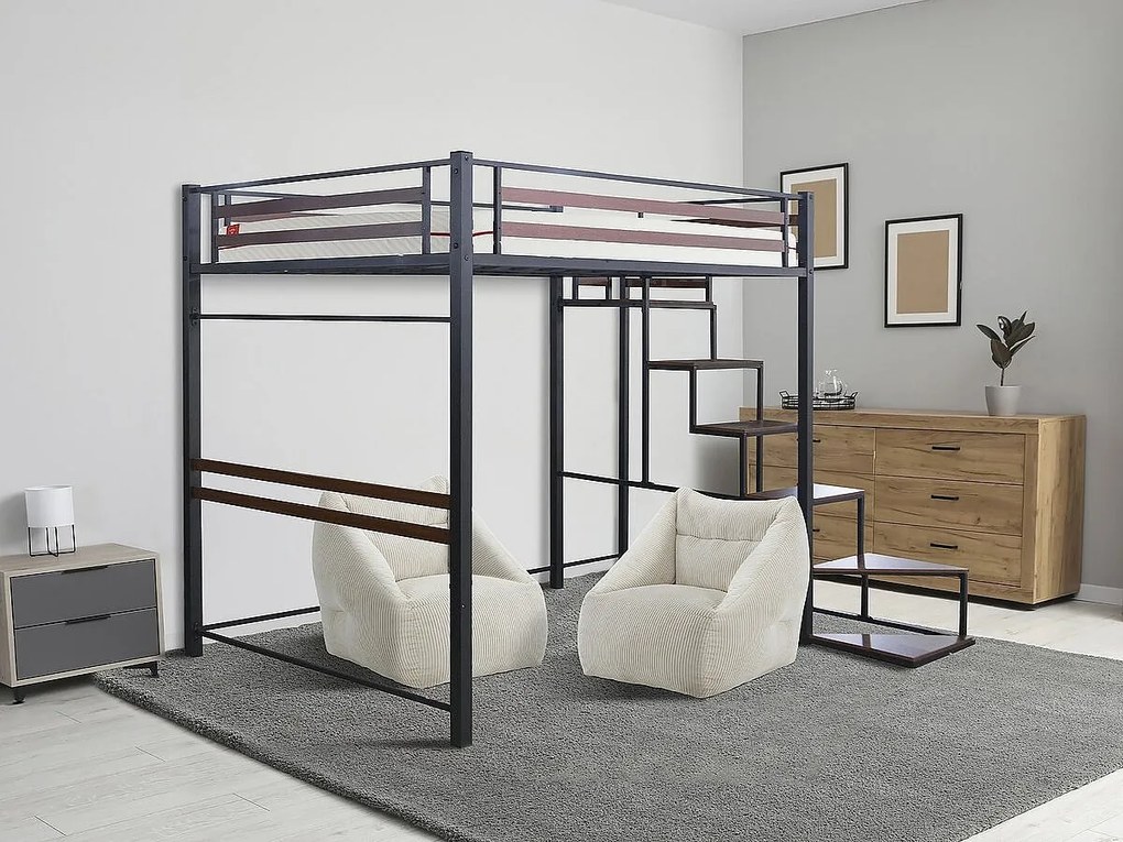 Łóżko piętrowe metalowe ze schodami "LENA" - 140 x 200 cm - Czarny i orzechowy brąz