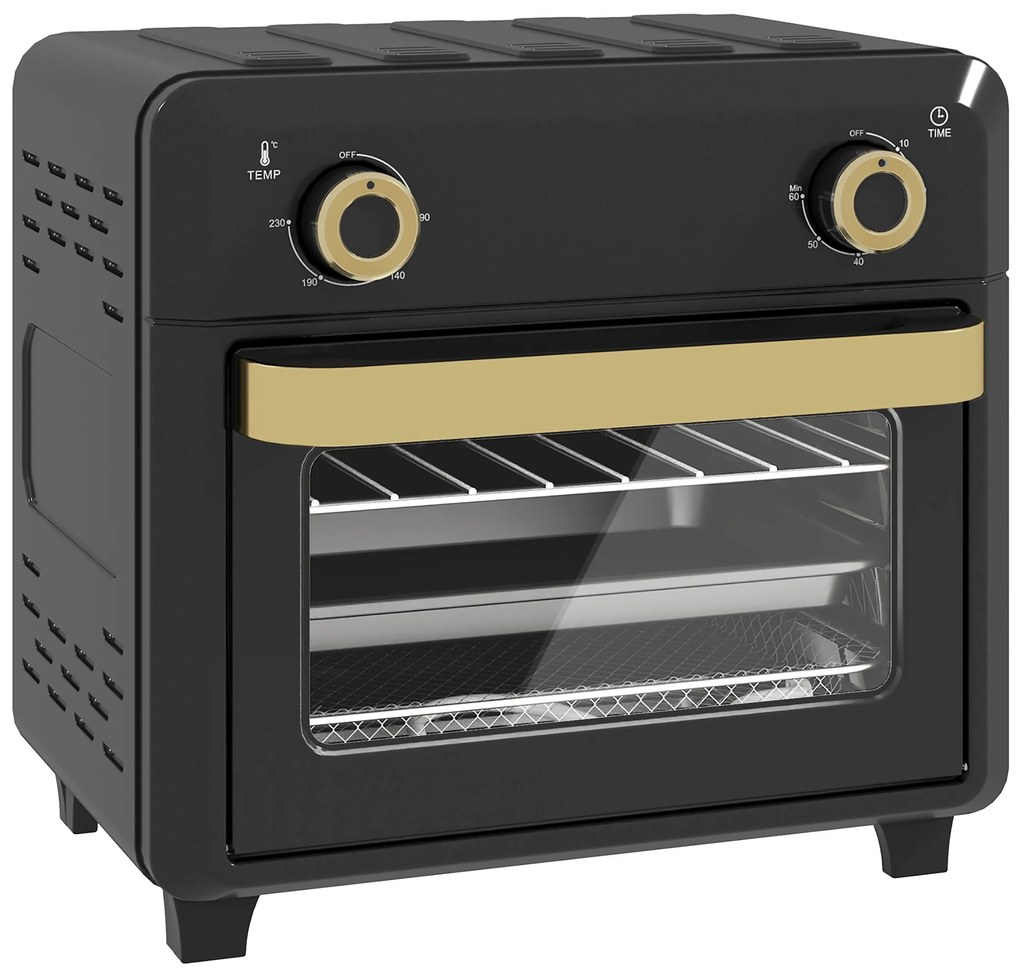 HOMCOM Minipiekarnik z termoobiegiem, airfryer, timer, oświetlenie wnętrza, 10 L, czarny