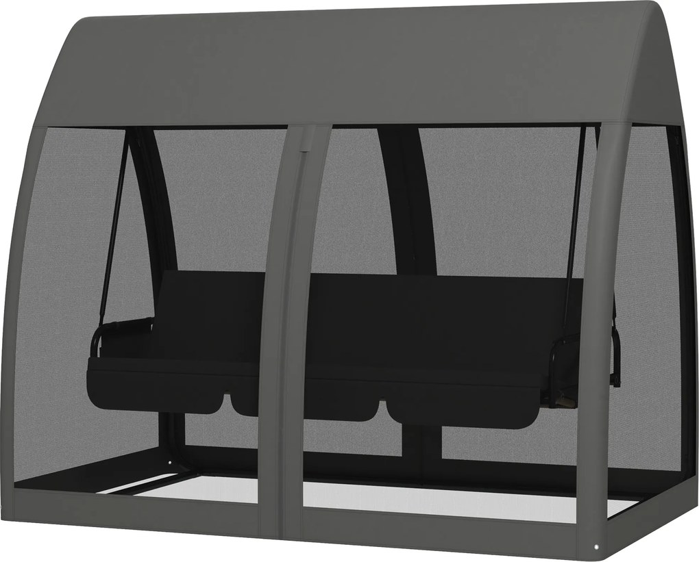 Outsunny 3-osobowa Huśtawka Tarasowa, Werandowa z Funkcją Łóżka, Huśtawka Ogrodowa z Siatką Przeciwkomarową i Stalową Ramą, Szara