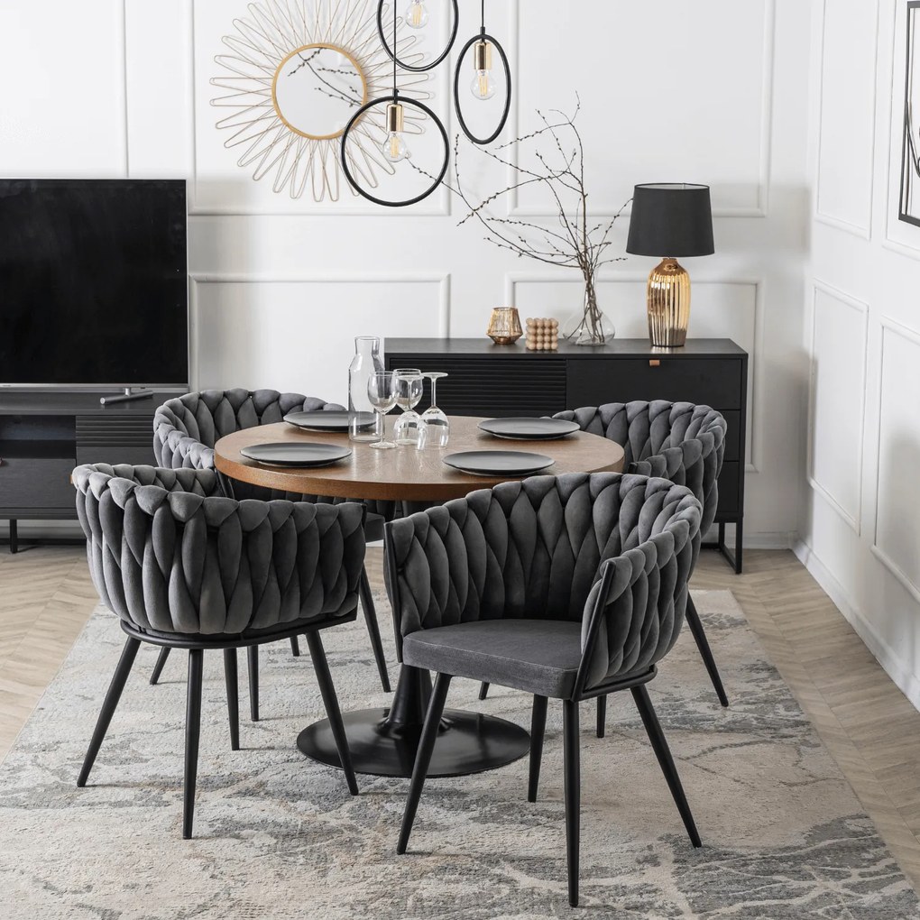 Krzesło Tapicerowane Plecione do Salonu ELENA Szare Welurowe Nowoczesne Loft