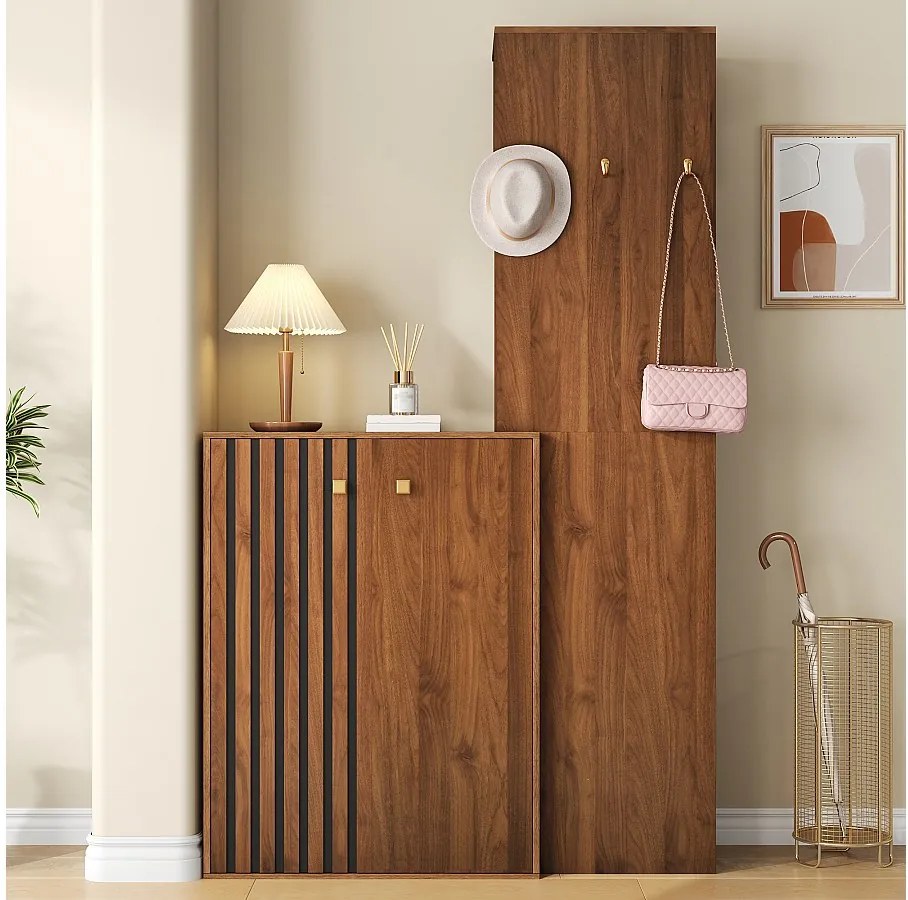 Nowoczesny zestaw garderoby/garderoby - 115 x 38,5 x 191,5 cm - z szafką na buty + haczyki i drążkiem na ubrania - MDF - brązowy