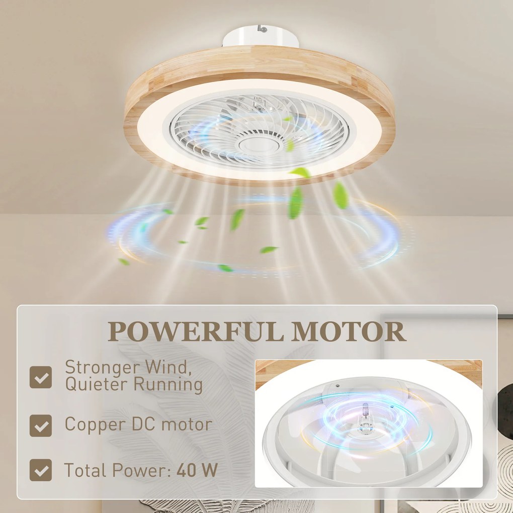 HOMCOM Wentylator sufitowy z lampą i pilotem, 6 prędkości, regulowana jasność, cichy motor, Jasnobrązowy