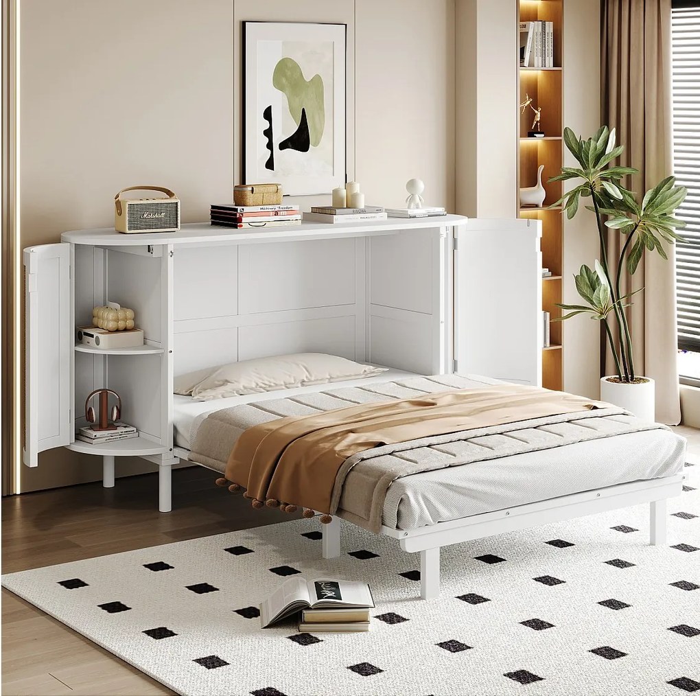 Łóżko dziecięce Murphy - 140 x 200 cm - ze schowkami - wzór rattanu i drewna - białe