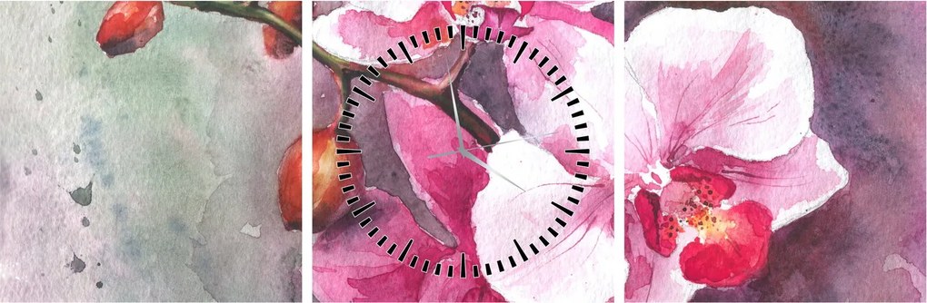 Obraz - Orchidee, akwarela (z zegarem) (90x30 cm)