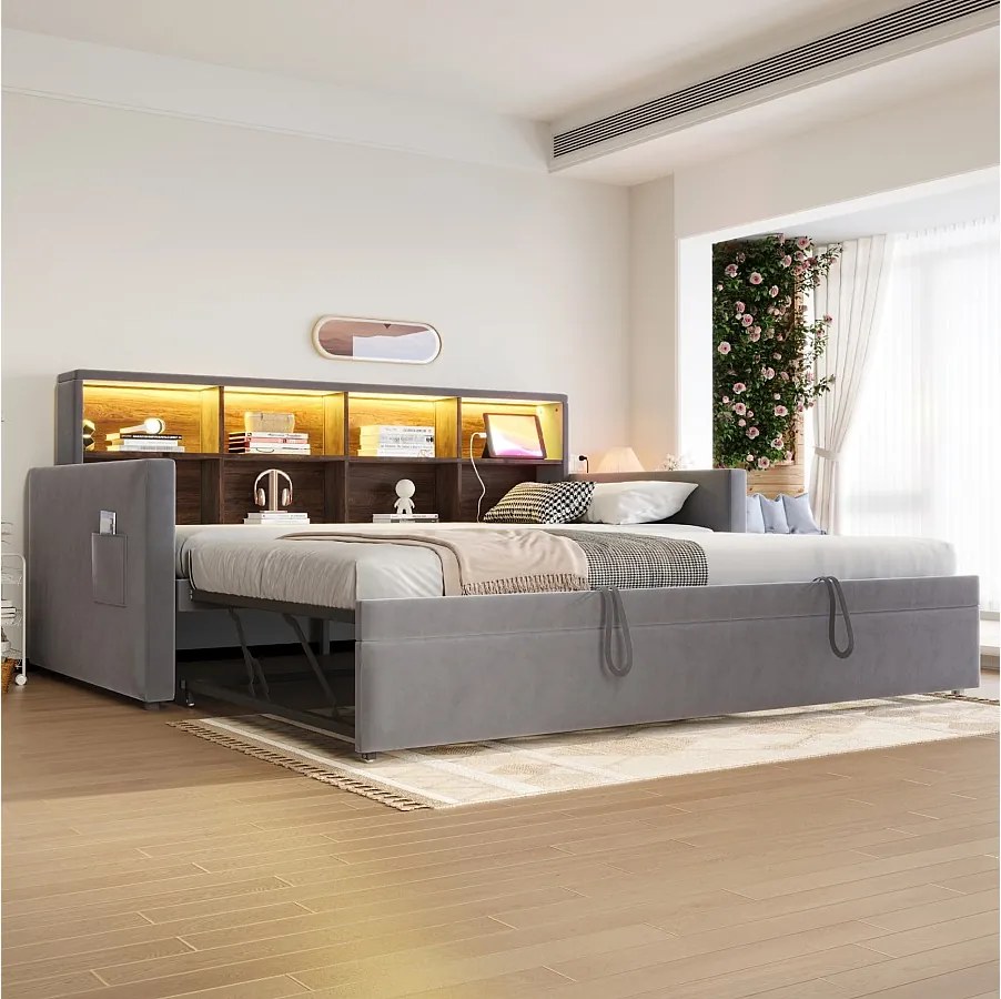 Sofa tapicerowana z funkcją spania - 90 x 190 cm - z wysuwanym łóżkiem 90 x 190 cm + zagłówek ze schowkiem + oświetlenie LED - welur - szary