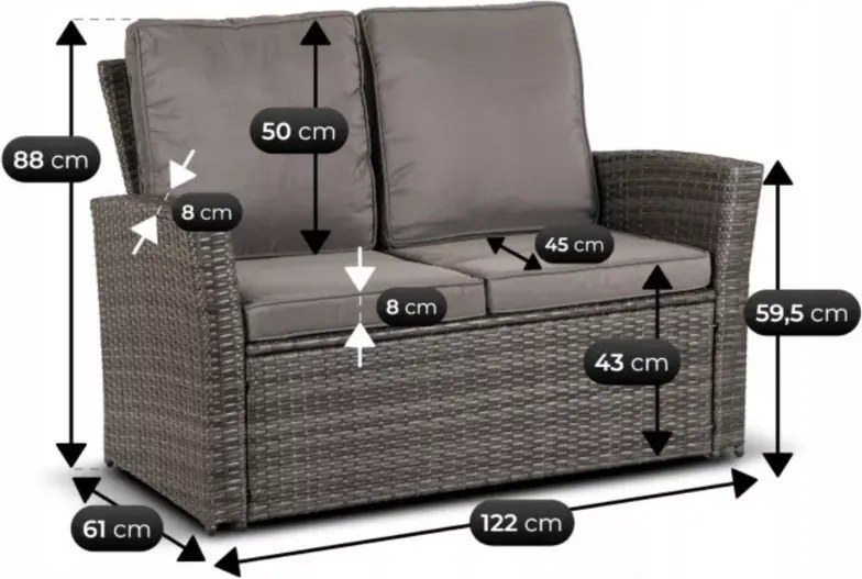 Zestaw mebli ogrodowych Arachi 2 fotele + sofa + stolik + 2 pufy szary taras balkon ogród