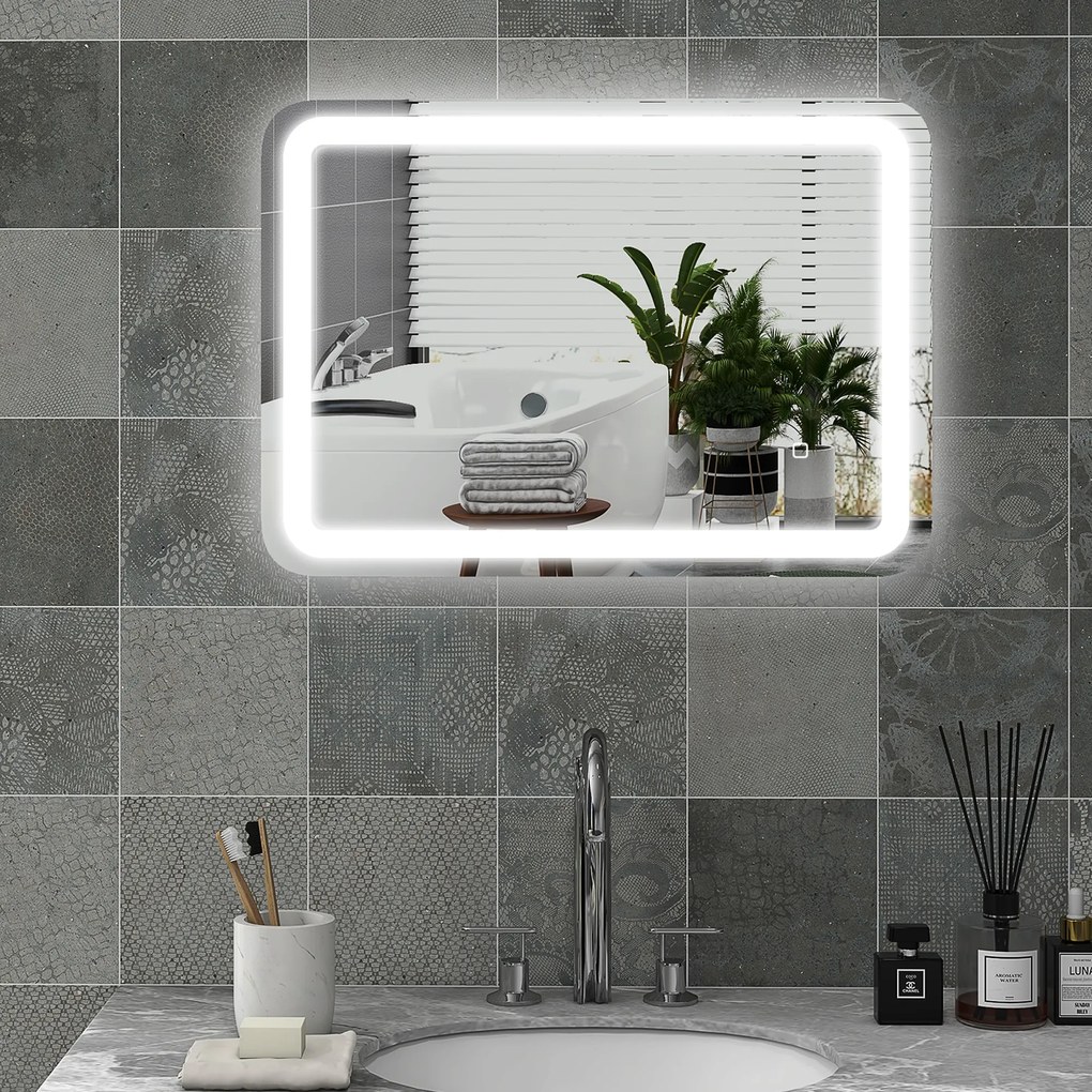 HOMCOM Lustro łazienkowe, podświetlane, sterowanie dotykowe, przeciwmgielne, ściemnialne, 3 kolory światła, 70x90, srebrne
