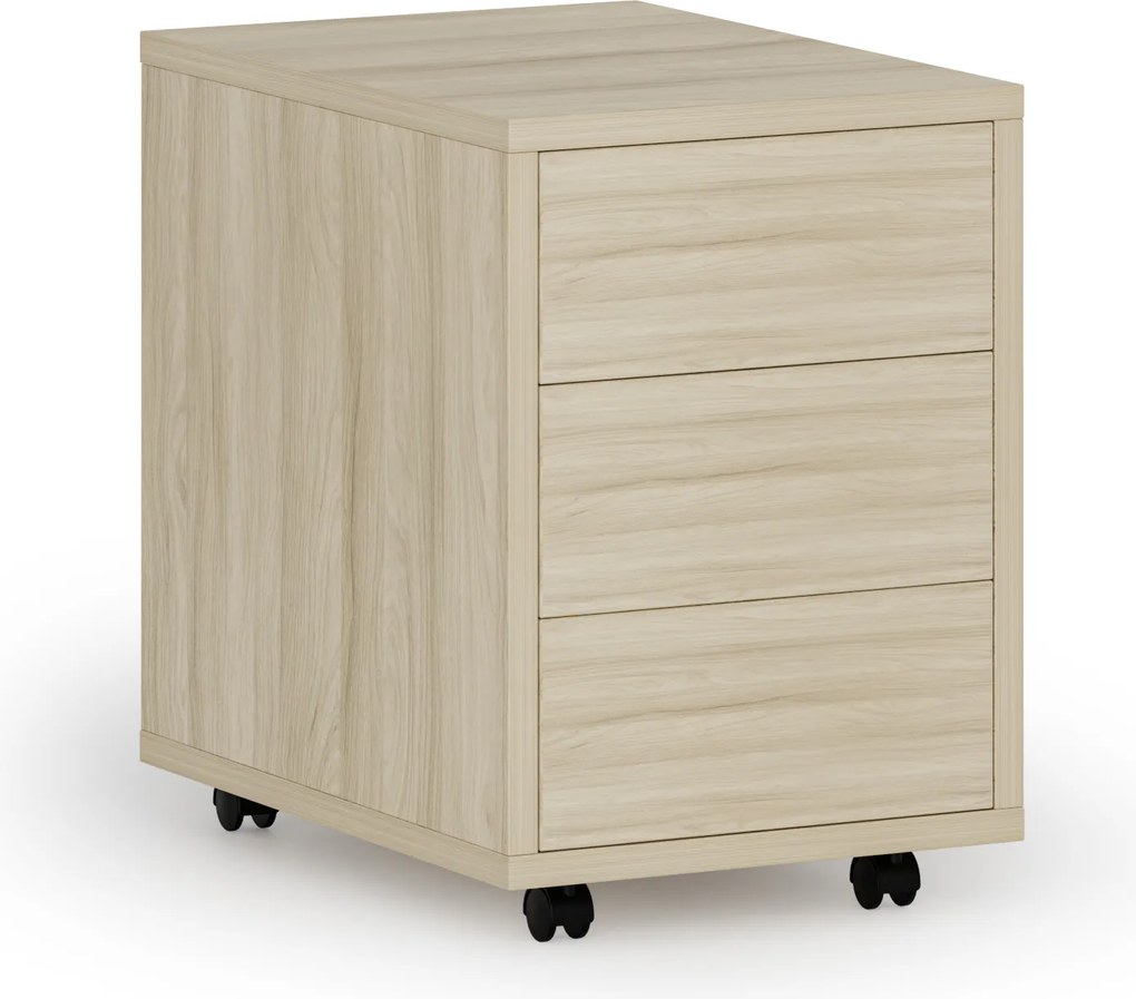 Kontenerek biurowy mobilny PRIMO WOOD, PUSH-lock, 3 szuflady, dąb naturalny