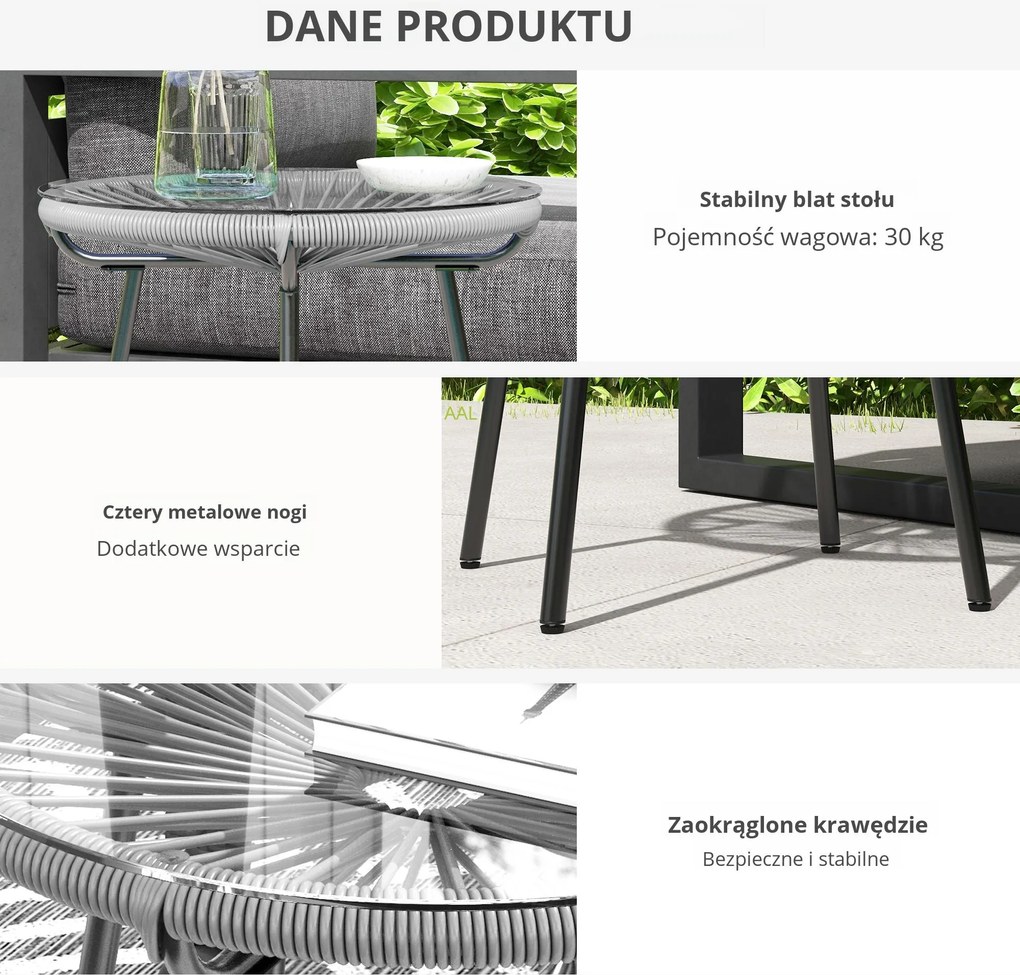 Outsunny Stolik Boczny Rattanowy Bistro Kawowy Blat ze Szkła Okrągły Czarno-Szary Taras Balkon | Aosom PL