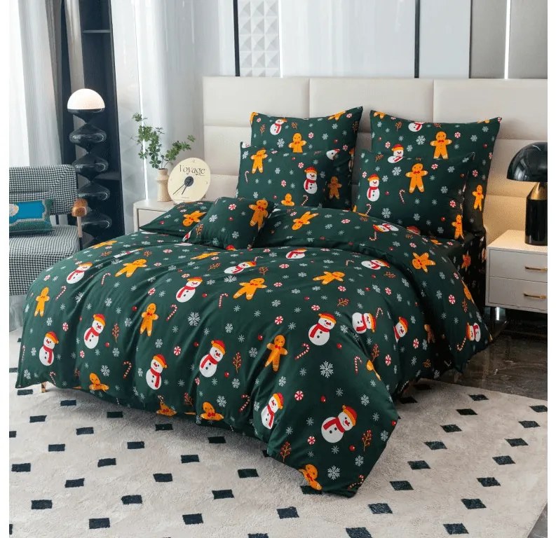 PrzytulneMieszkanie.pl PrzytulneMieszkanie.pl Prześcieradła z mikrofibry SNOWMAN AND GINGERBREAD w kolorze zielonym Rozmiar pościeli: 70 x 90 cm | 140 x 220 cm