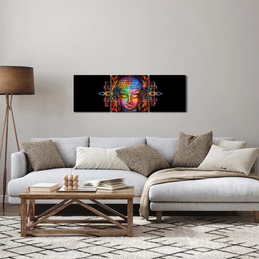 Obraz - Popiersie Buddy w neonowych kolorach (z zegarem) (90x30 cm)