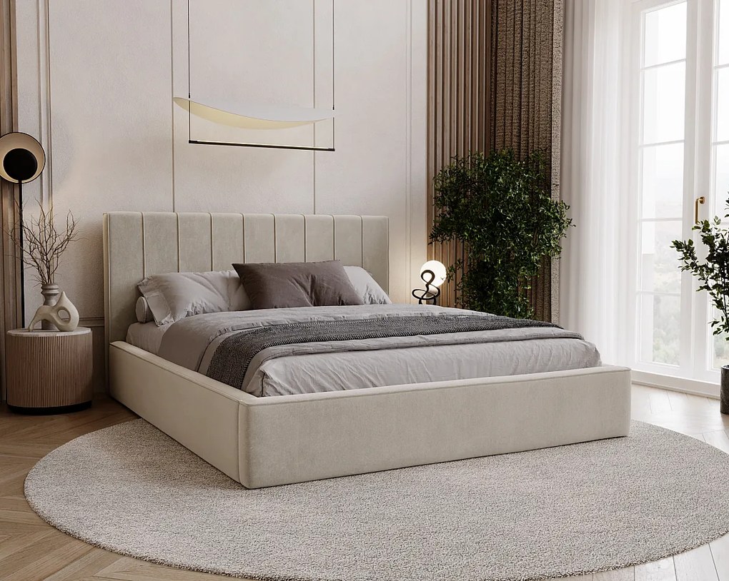 BESILIO Stylowe łóżko tapicerowane 200x200 Persea - stelaż metalowy, pojemnik na pościel, ozdobna lamówka - Beżowy