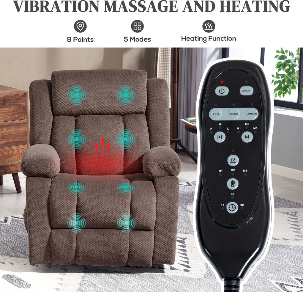 HOMCOM Fotel masujący, 8 punktów wibracyjnych, 5 trybów, ogrzewanie lędźwiowe, regulowany, obrotowy, tapicerowany fotel, brązowy
