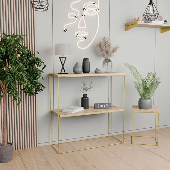 Konsola na metalowym stelażu dąb artisan + złoty N2-L19