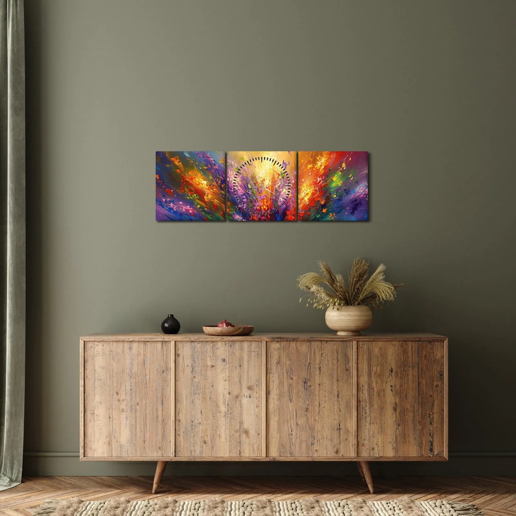 Obraz - Abstrakcja kwiatów (z zegarem) (90x30 cm)