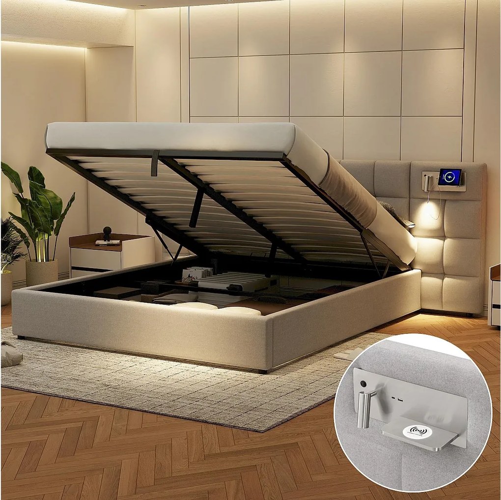 Łóżko ze schowkiem 180 x 200 cm i dużym zagłówkiem - Port USB i ładowanie bezprzewodowe oraz lampa świetlna - Tkanina lniana - Szary (bez materaca)