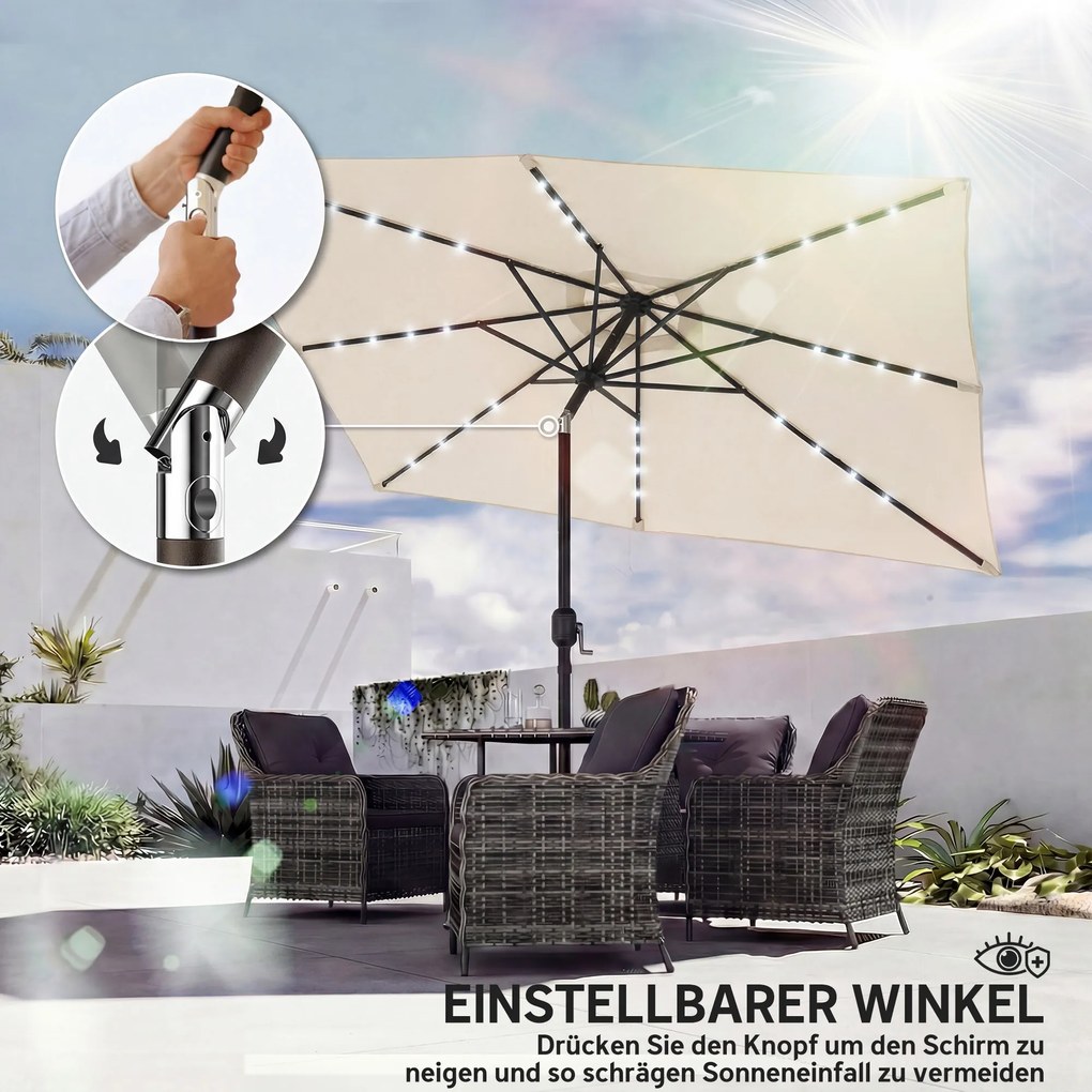 Outsunny Parasol LED Solarny ok. 300 x 200 cm regulowany Parasol Balkonowy z Korbką Pokrowiec UV Ochrona Obracany Kremowy | Aosom PL