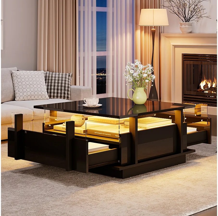 Stolik kawowy lakierowany na wysoki połysk - 70 x 70 x 35 cm - z 2 szufladami + diody LED + przezroczysta przegroda akrylowa - płyta wiórowa - czarny