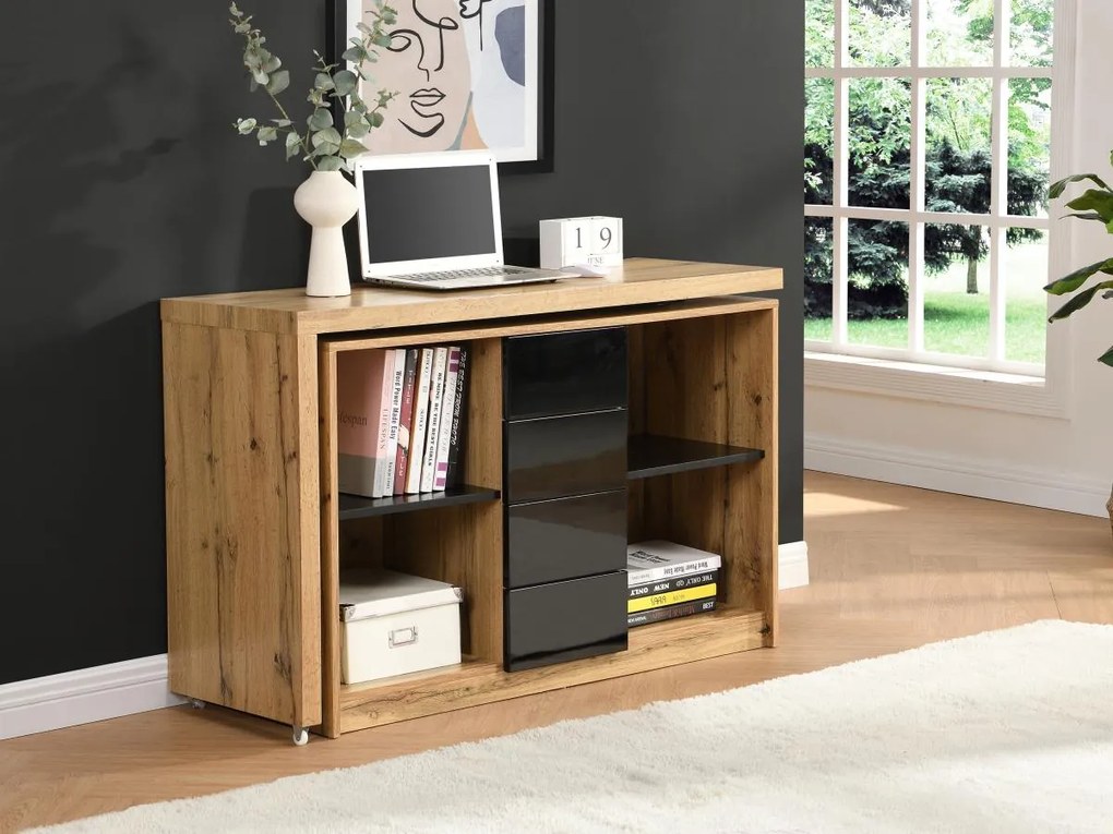 Biurko rozkładane z obrotowym blatem 360° - MDF - Naturalne i czarne - PAVELO