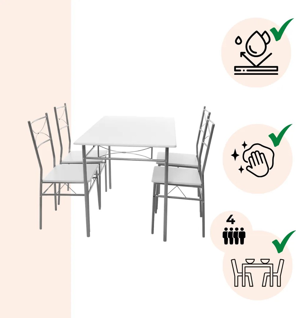 Zestaw jadalniany PAUL, 5 części, aksamitnie biała Jurhan