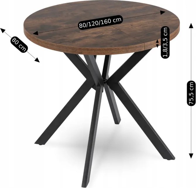 Zestaw Stół Okrągły Rozkładany DORIAN 80-160 cm Dąb Rustykalny/Czarny i 4 Krzesła Tapicerowane do Jadalni LUCKY Szare Welurowe