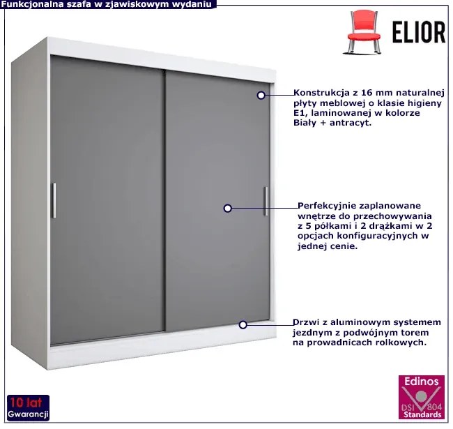 Szafa przesuwna 180 cm biel + antracyt  - Erco 5X