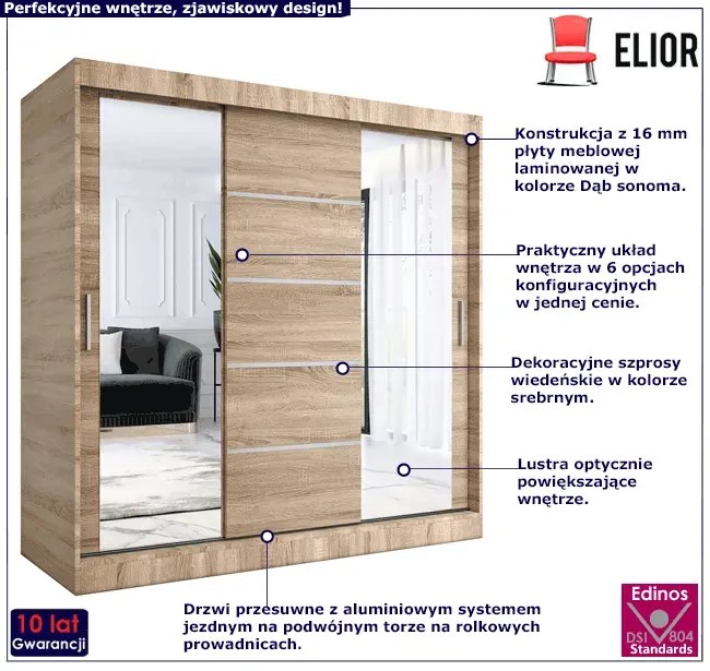 Szafa z lustrem i drzwiami przesuwnymi 200 cm dąb sonoma - Ebia 6X